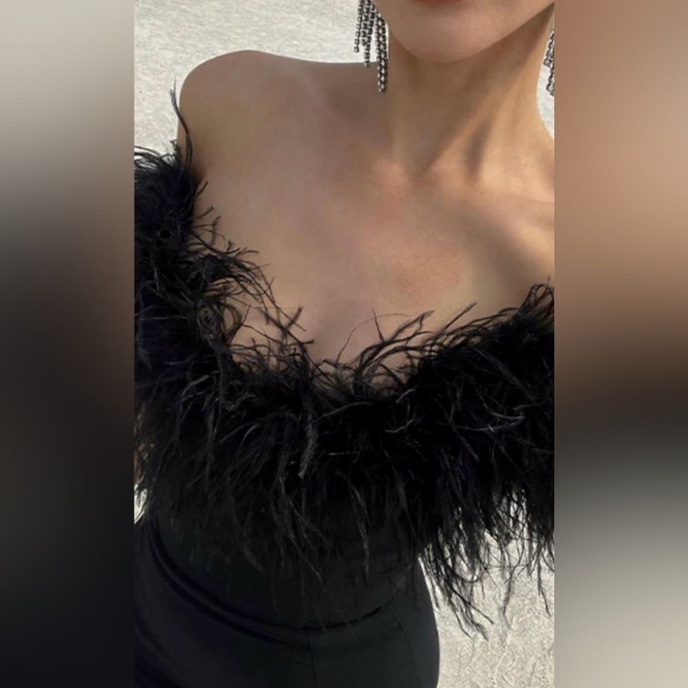 Tiffany Elegant Strapless Feather Formal Gown Cocktail Bandage Long Dress - Picture 8 of 14
